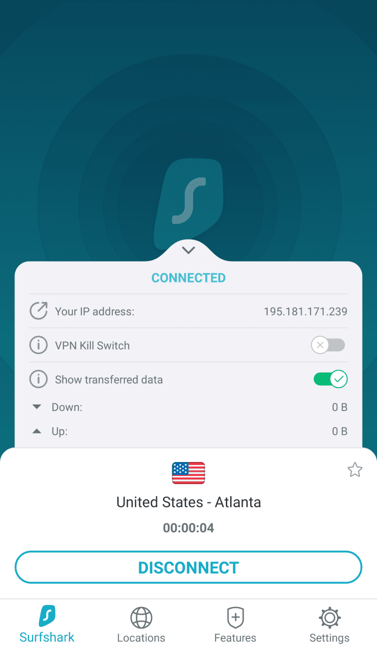SurfShark mobile app connected to a USA VPN server