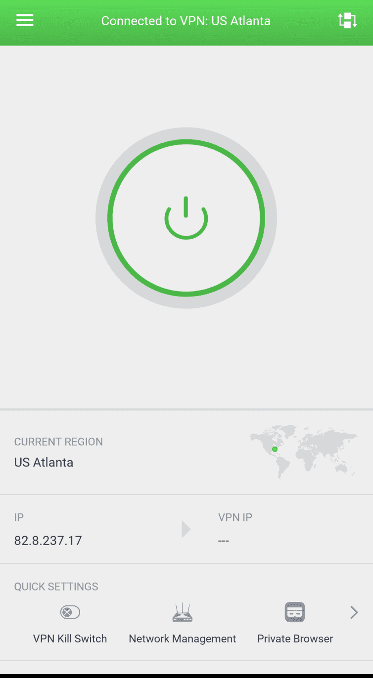 PrivateInternetAccess mobile app connected to a US server